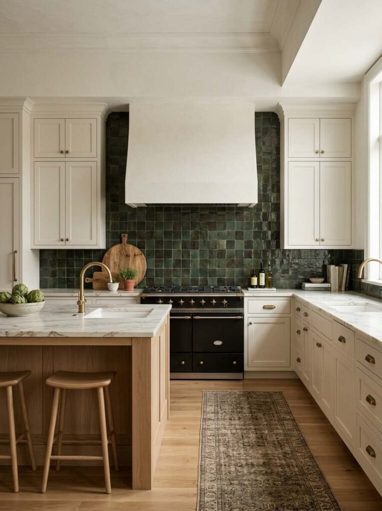 Rich emerald green zellige tile backsplash contrasting against off-white cabinets, marble countertops, and a natural oak kitchen island