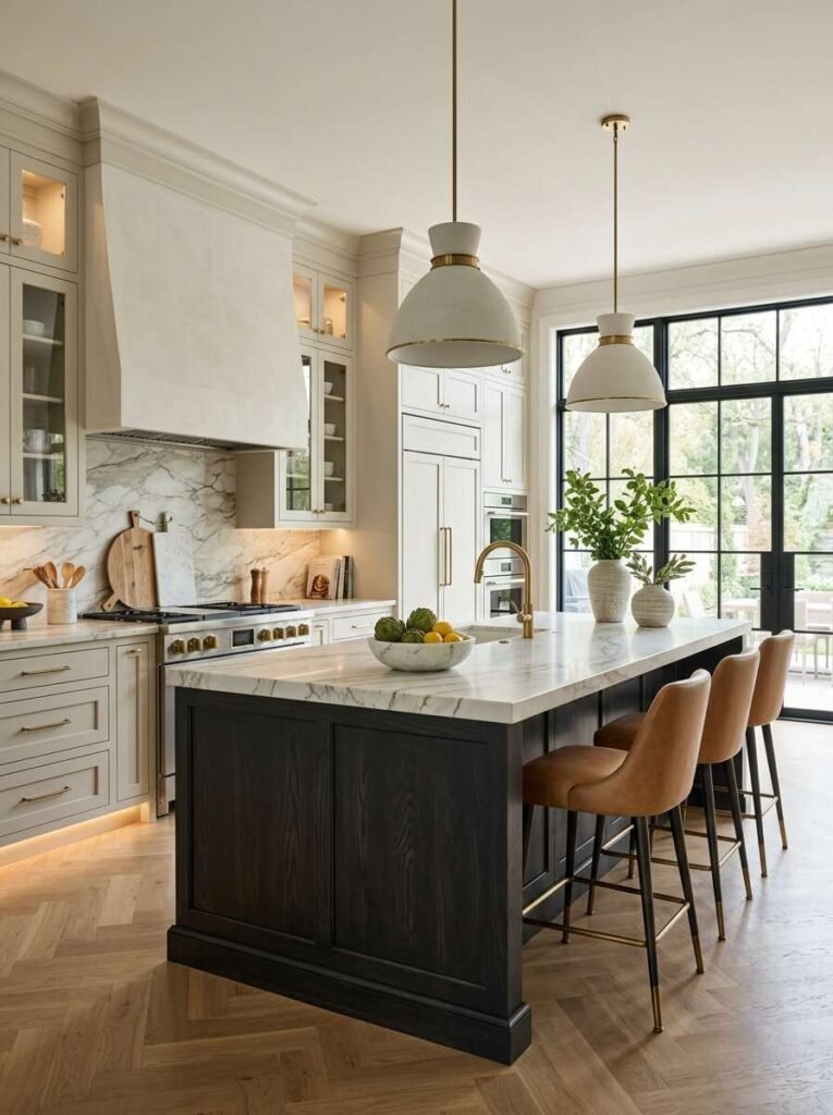 Black wood kitchen island with a white marble top contrasting against light greige perimeter cabinetry and camel leather bar stools.