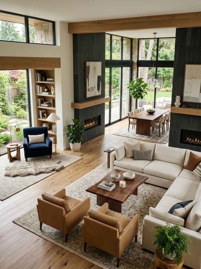 Aerial view of a luxury open-concept living space clearly partitioned into distinct seating, reading, and dining zones using strategic rug placement and furniture arrangements