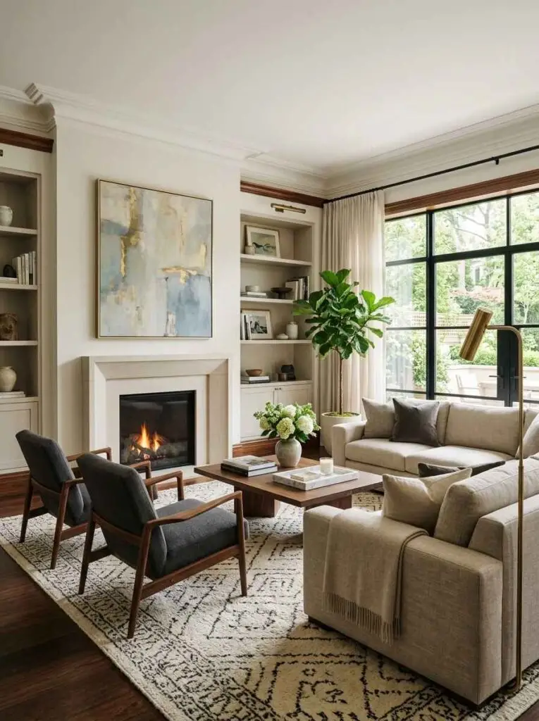 Perfectly balanced living room layout featuring an L-shaped sectional sofa facing two dark charcoal accent chairs across a travertine coffee table