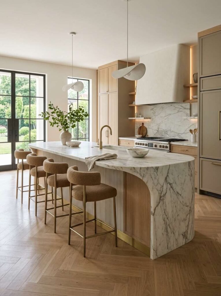 Elegant curved marble waterfall kitchen island with a fluted wood base and rounded edges paired with textured counter stools.