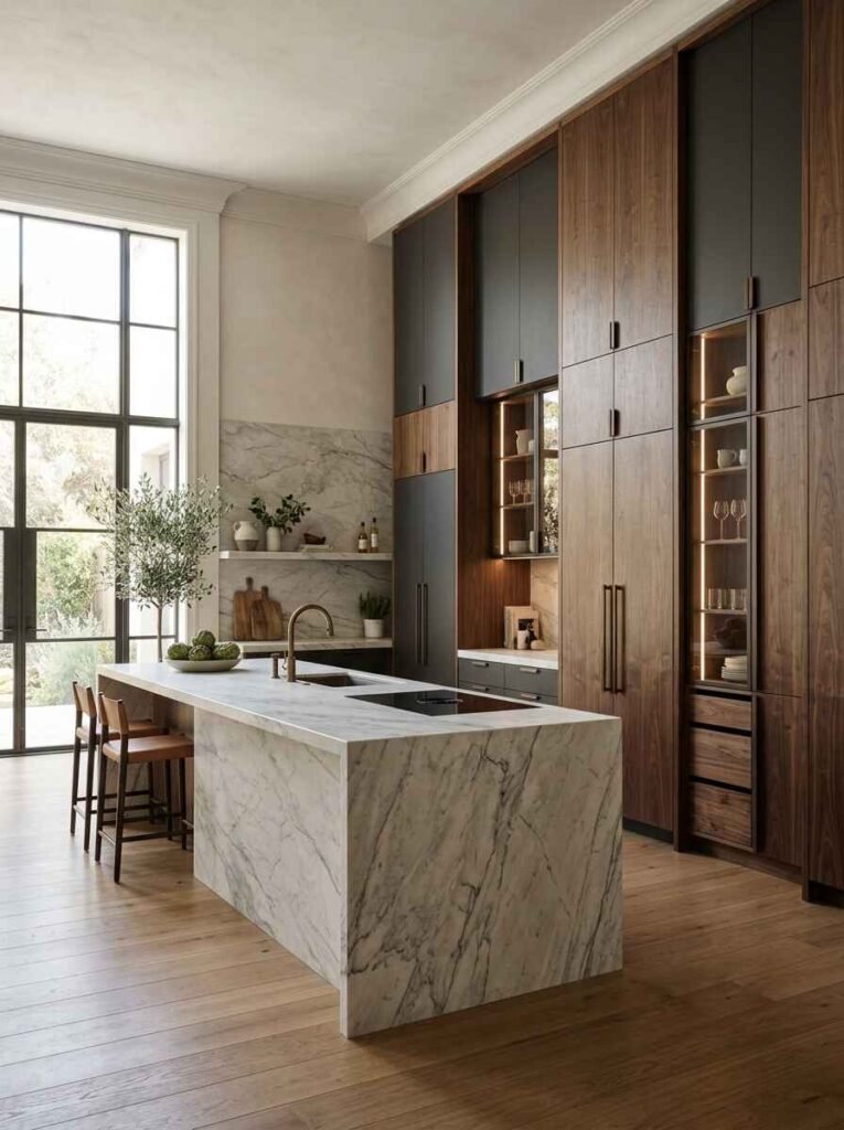 Bespoke floor-to-ceiling walnut cabinetry with integrated glass display towers, dark grey uppers, and a marble waterfall island. (Luxury Kitchen Cabinetry Ideas)