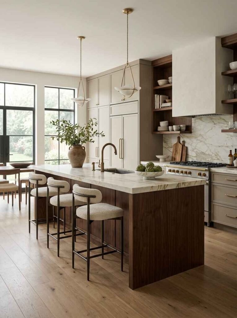 Bespoke beige custom kitchen cabinetry paired with a warm walnut kitchen island, brass fittings, and white marble slab countertops.