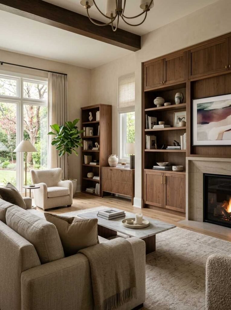 Custom floor-to-ceiling walnut cabinetry and integrated bookcase display flanking a limestone fireplace in an elegant living room layout