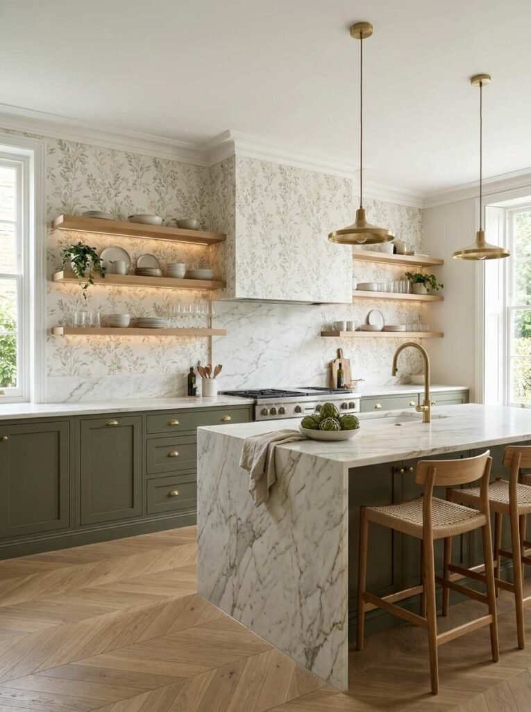 Muted botanical wallpaper accent wall paired with a marble slab backsplash extension, sage green cabinets, and open oak shelves