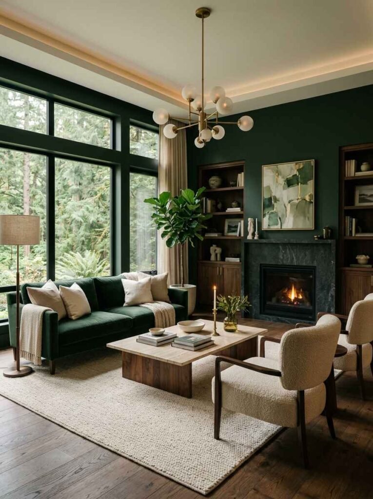 Dramatic moody living room featuring deep forest green walls, dark green velvet couch, dark walnut built-ins, cream bouclé armchairs, and a brass chandelier.