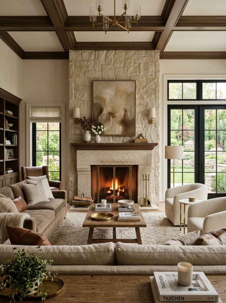 Rustic-modern luxury living room designed around a grand stacked stone fireplace with a wood mantle, surrounded by cozy velvet and bouclé seating