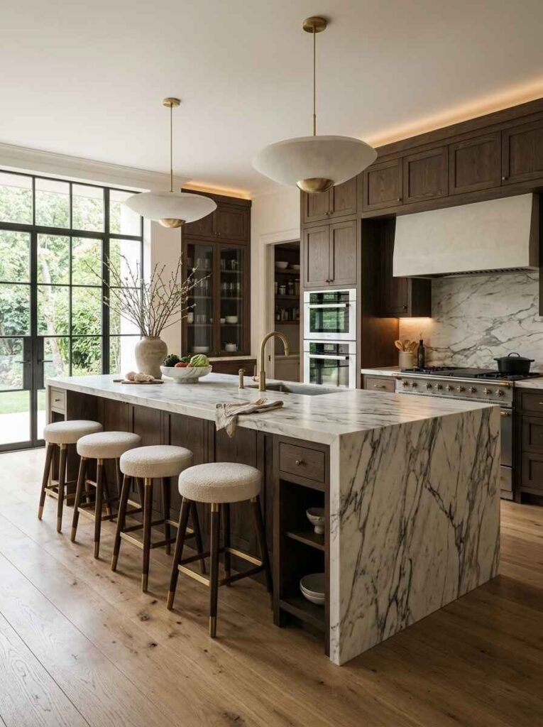 Large statement kitchen island made of rich dark wood and a dramatic white marble waterfall countertop with boucle counter stools.