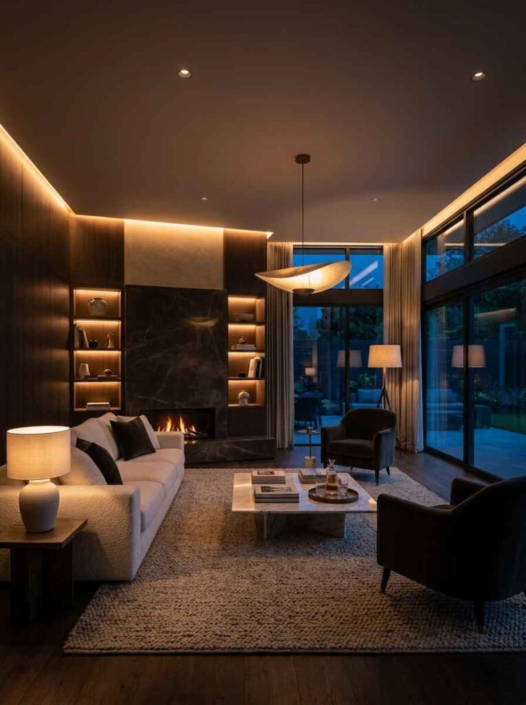 Dimmed ambient lighting with lit shelving and warm ceiling coves creating a cozy evening atmosphere.
