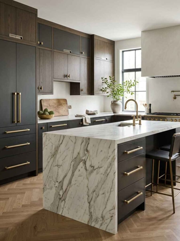 Dark modern luxury kitchen featuring brushed brass long pull cabinet handles, a marble waterfall island, and warm wood upper cabinets.