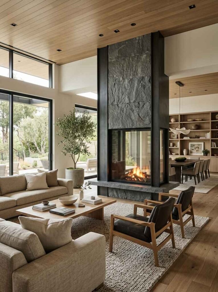 Open-concept luxury home featuring a central double-sided slate stone fireplace dividing the living room and dining area.