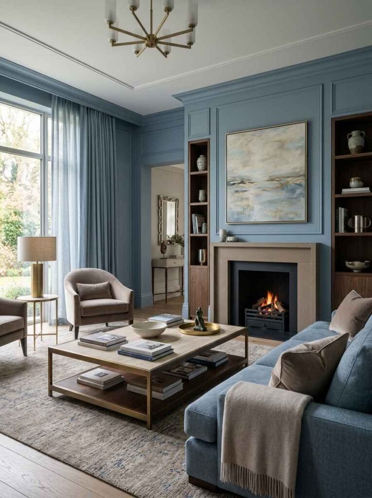 Elegant living room with dusty slate blue wall paneling, taupe velvet armchairs, dusty blue couch, limestone fireplace surround, and gold chandelier.