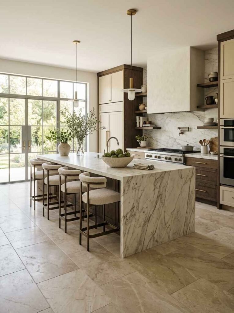 Large-format natural stone limestone floor tiles in a luxury open-concept kitchen with a marble waterfall island and tall windows.