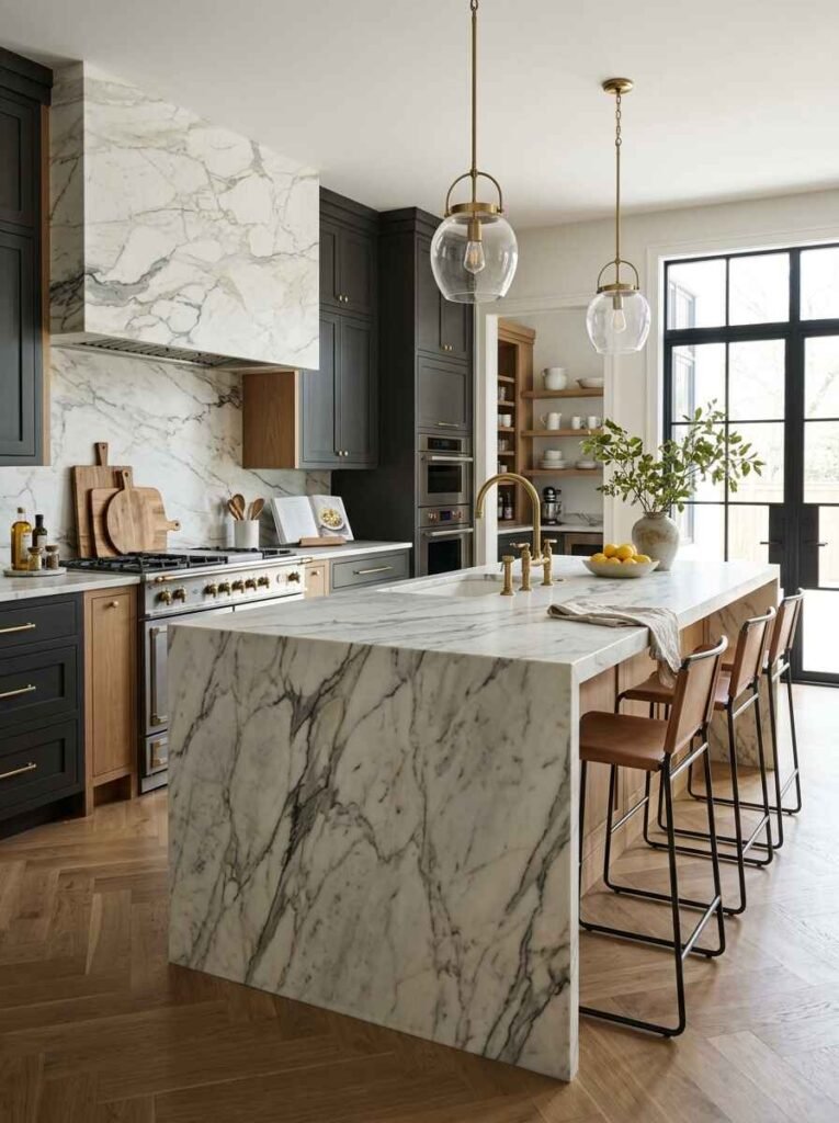 Elegant white marble countertop with dramatic gray veining on a kitchen island with pendant lights and leather bar stools.