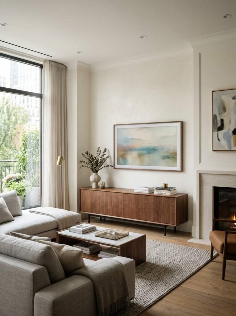 Low-profile walnut media console with closed storage doors set below a art-style wall-mounted television in a modern cream living room
