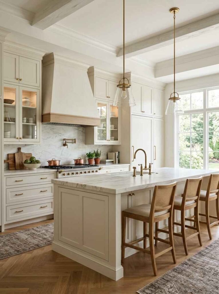 Classic off-white Shaker cabinet doors paired with glass-front uppers, brass cup pulls, a marble countertop, and a matching kitchen island.