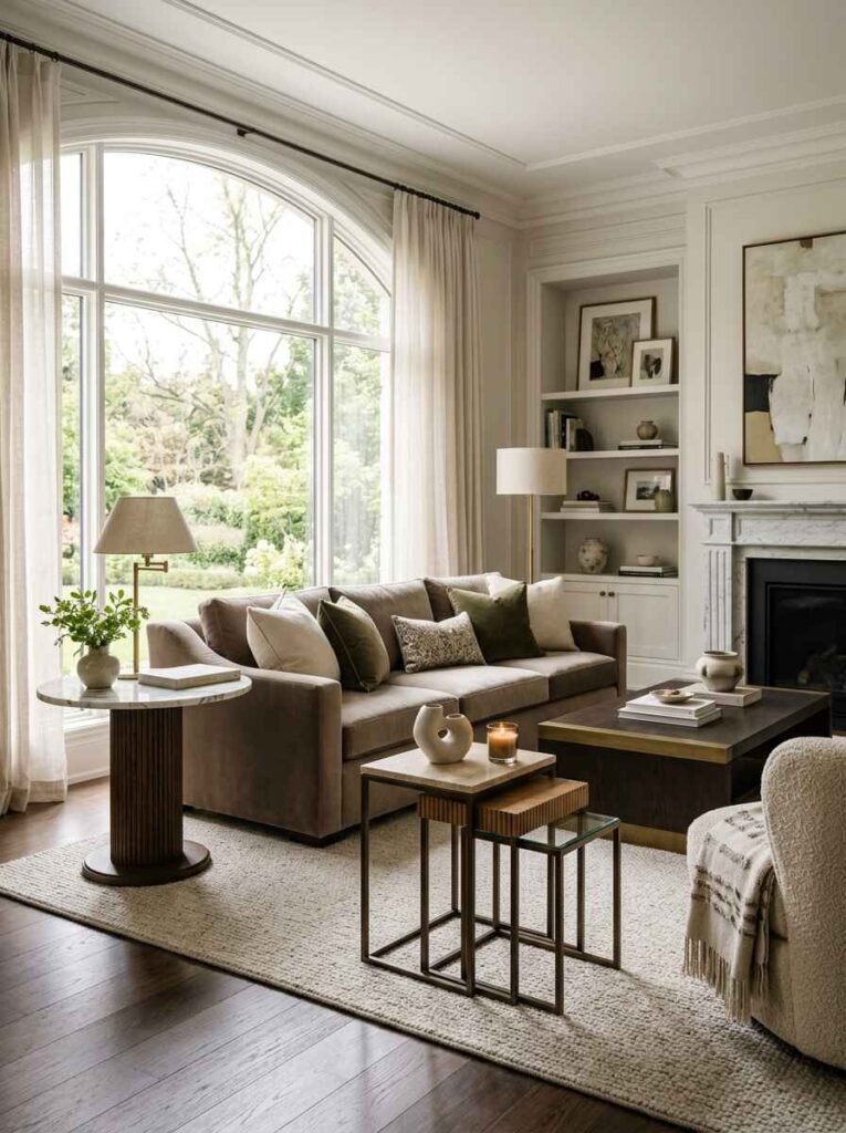 Refined seating area displaying a fluted pedestal side table with a marble top alongside a set of wooden and brass nesting end tables next to a velvet sofa