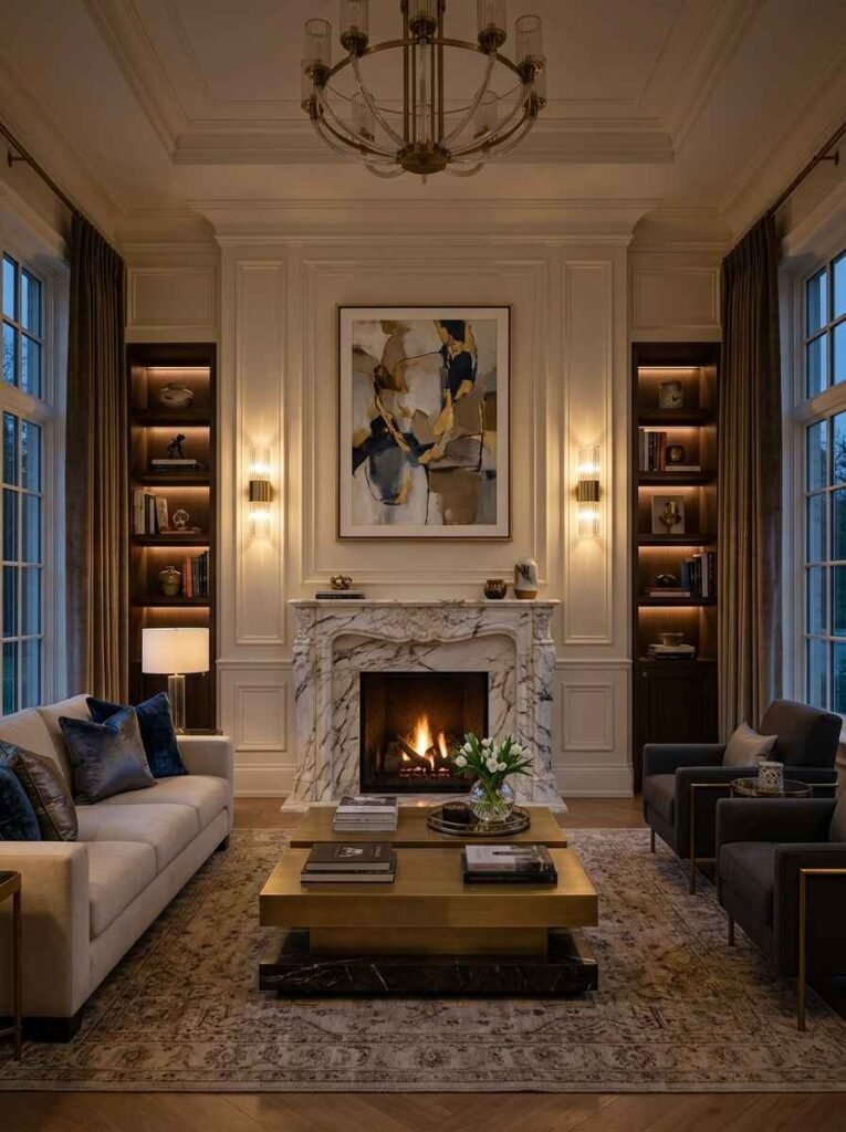 Symmetrical brass and fluted glass wall sconces flanking a marble fireplace and custom built-in shelving.