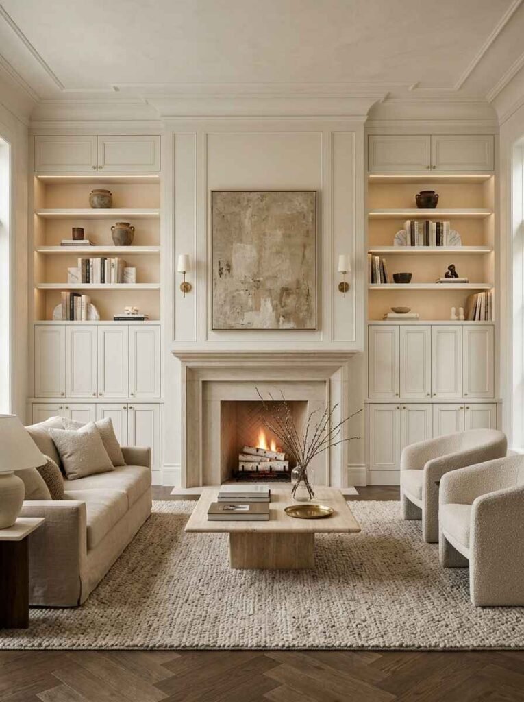 Elegant cream living room with a classic stone fireplace mantel surrounded by custom built-in cabinets, illuminated display shelves, and soft boucle armchairs.