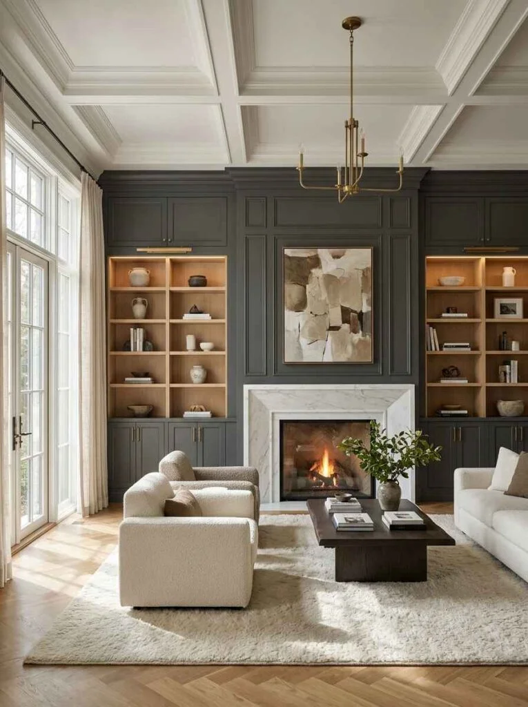 Sophisticated dark charcoal living room accent wall with custom wall paneling, built-in wooden bookshelves, and a marble-framed gas fireplace.