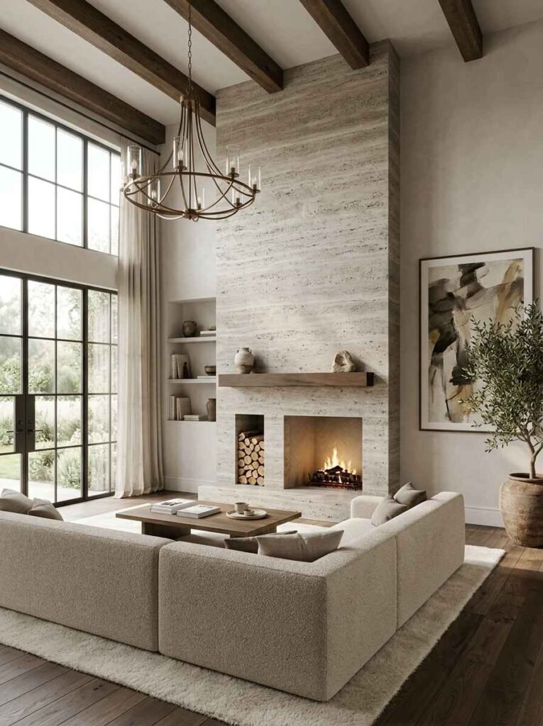 High-ceiling living room anchored by a travertine stone fireplace with floating wood mantel, exposed ceiling beams, and low-profile sectionals facing the hearth.
