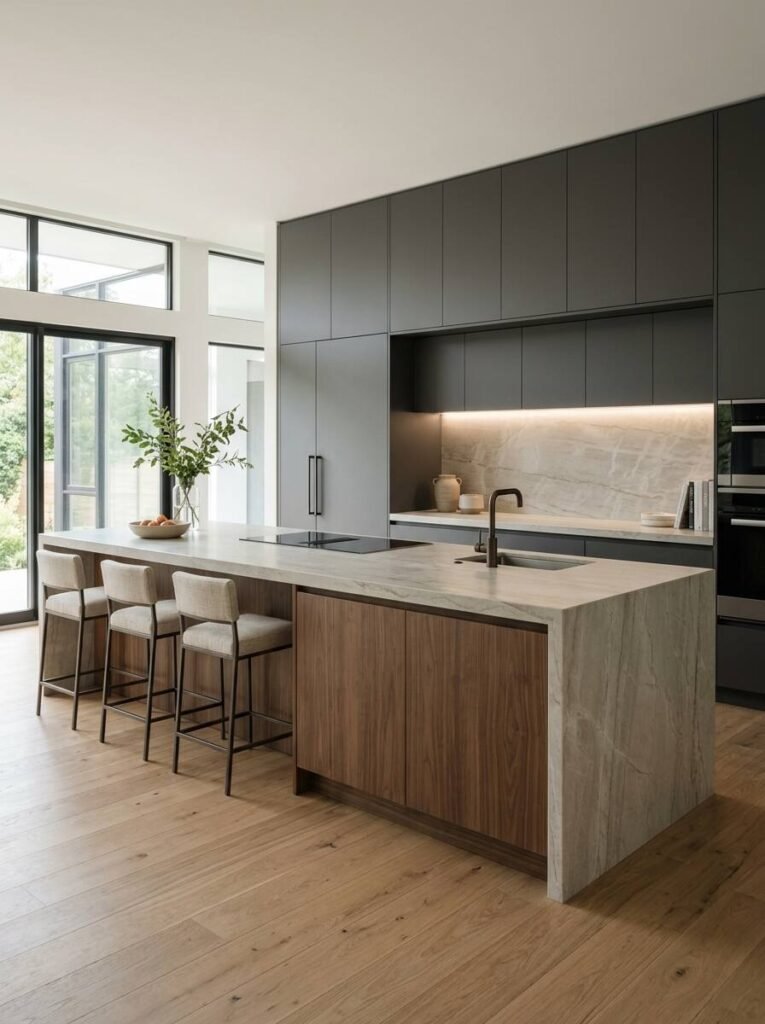 Modern dark charcoal flat-panel kitchen cabinetry with integrated LED strip lighting paired with a walnut base island and light stone tops.
