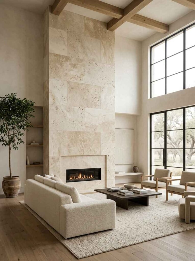 High-ceiling living room featuring a massive floor-to-ceiling limestone fireplace surround with a linear gas insert and exposed wood ceiling beams. (luxury living room fireplace ideas)