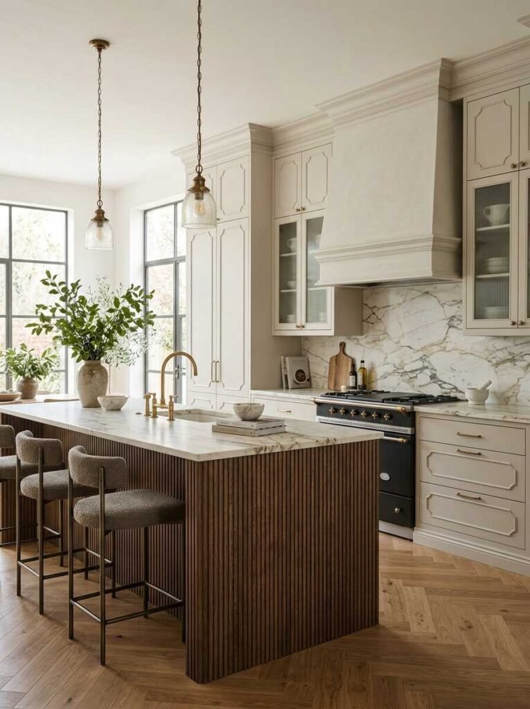 Fluted dark wood island base panels combined with detailed white painted upper cabinets and a calacatta marble backsplash.