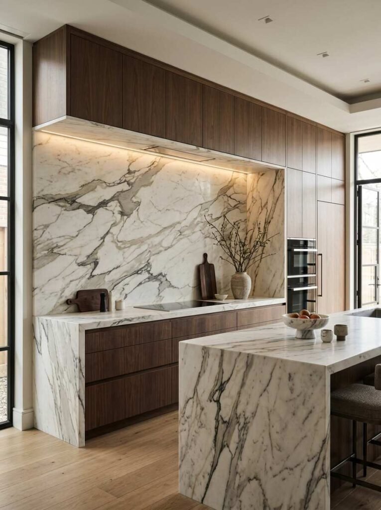 Dramatic white marble full-height slab backsplash with bold grey veining seamlessly extending behind dark walnut cabinetry.