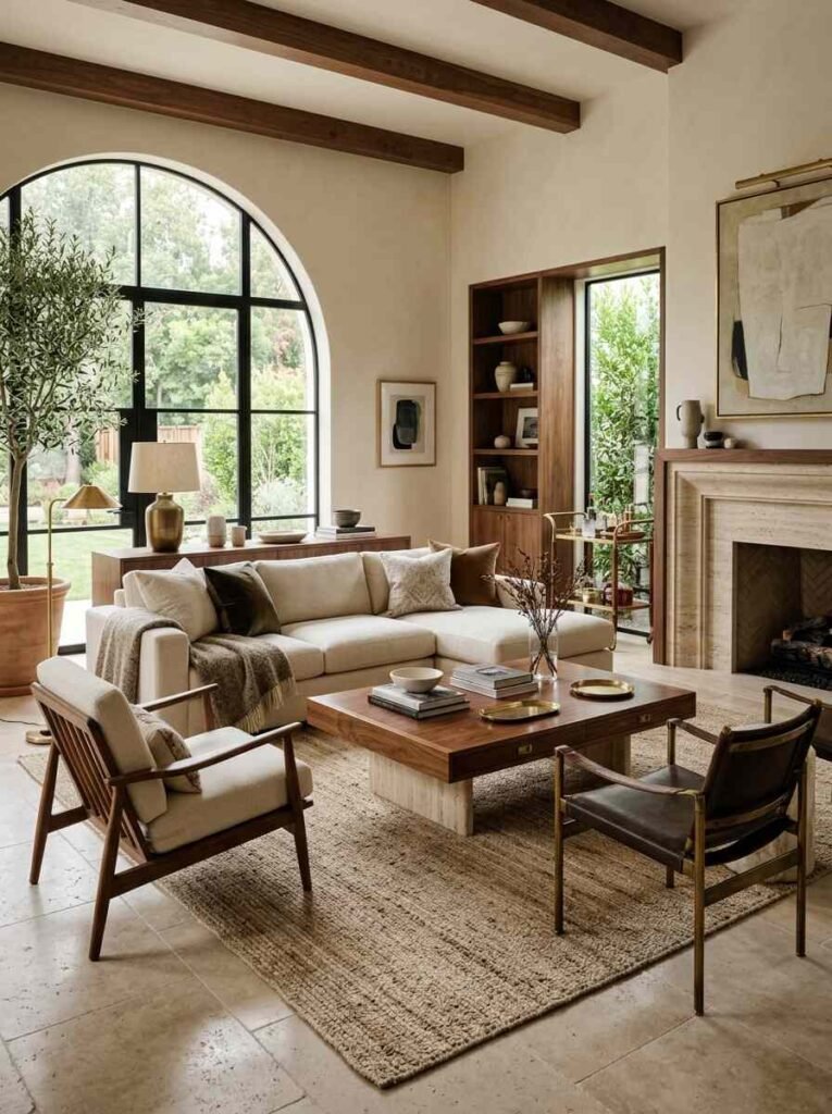 Warm collected living room displaying a mix of materials, including a walnut and travertine coffee table, dark leather armchair, jute rug, and cream sectional sofa