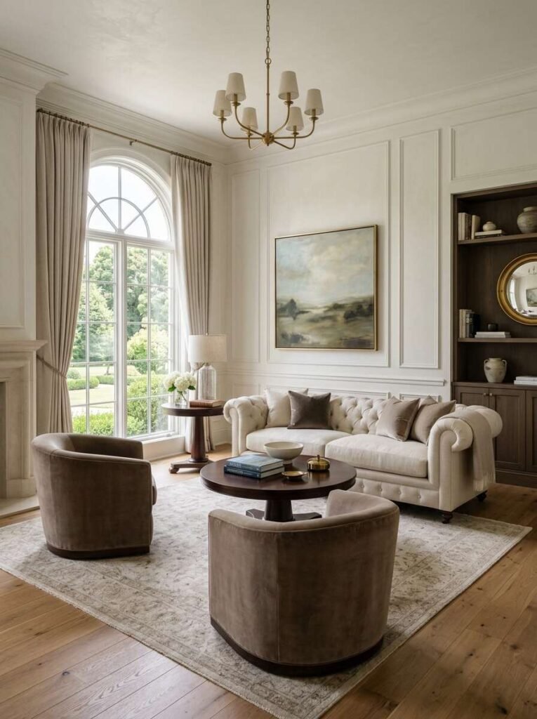 Classical luxury living room furnished with a tufted Chesterfield-style beige sofa, curved velvet swivel armchairs, and a pedestal wood coffee table