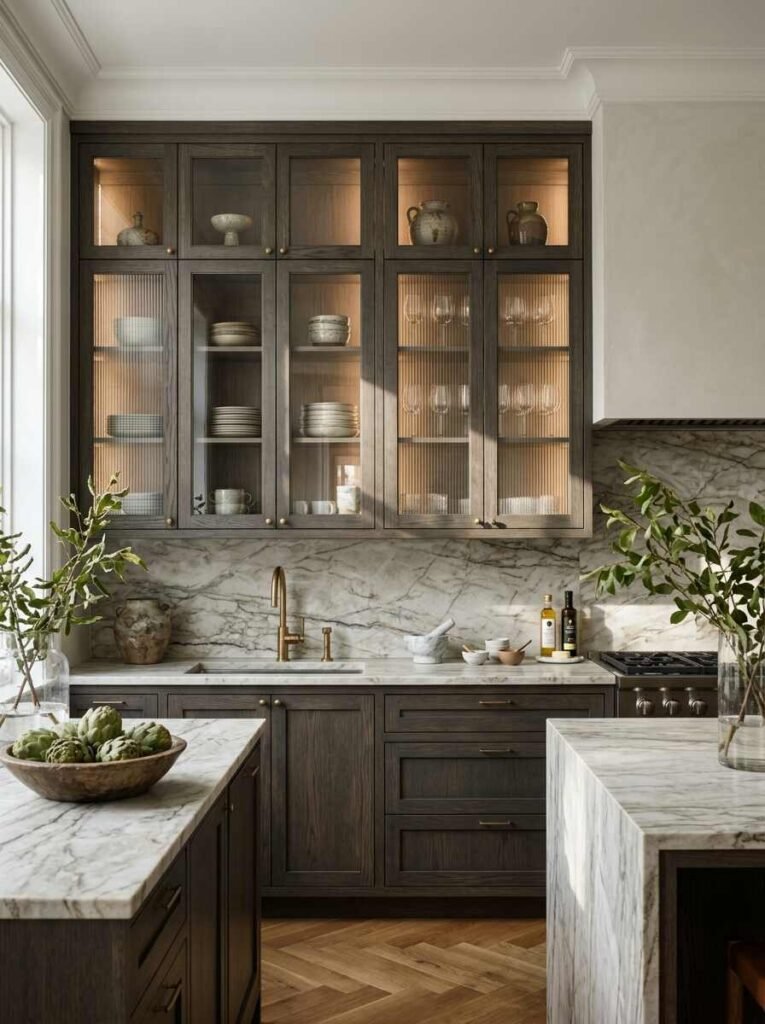 Dark stained oak glass-front upper cabinets with ribbed fluted glass and interior accent lighting displaying glassware.