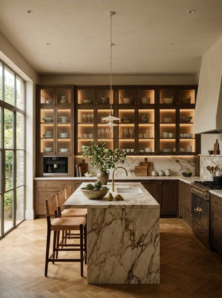 Fluted glass-front kitchen upper cabinets with interior accent lighting displaying glassware above a marble island and herringbone floor.