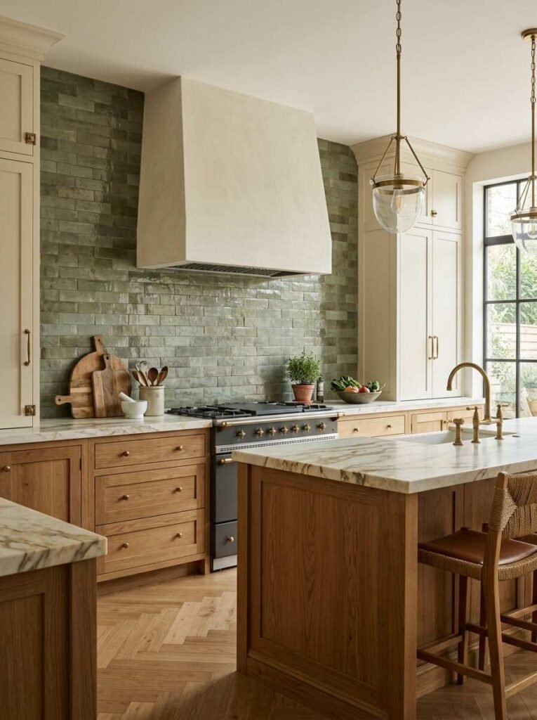Olive green subway tile backsplash with handmade texture set behind a plaster range hood, warm oak cabinets, and brass hardware