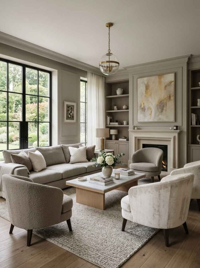 Timeless living room featuring greige wall moldings, a warm white ceiling, plush greige sectional couch, textured bouclé armchairs, and brass pendant lighting.