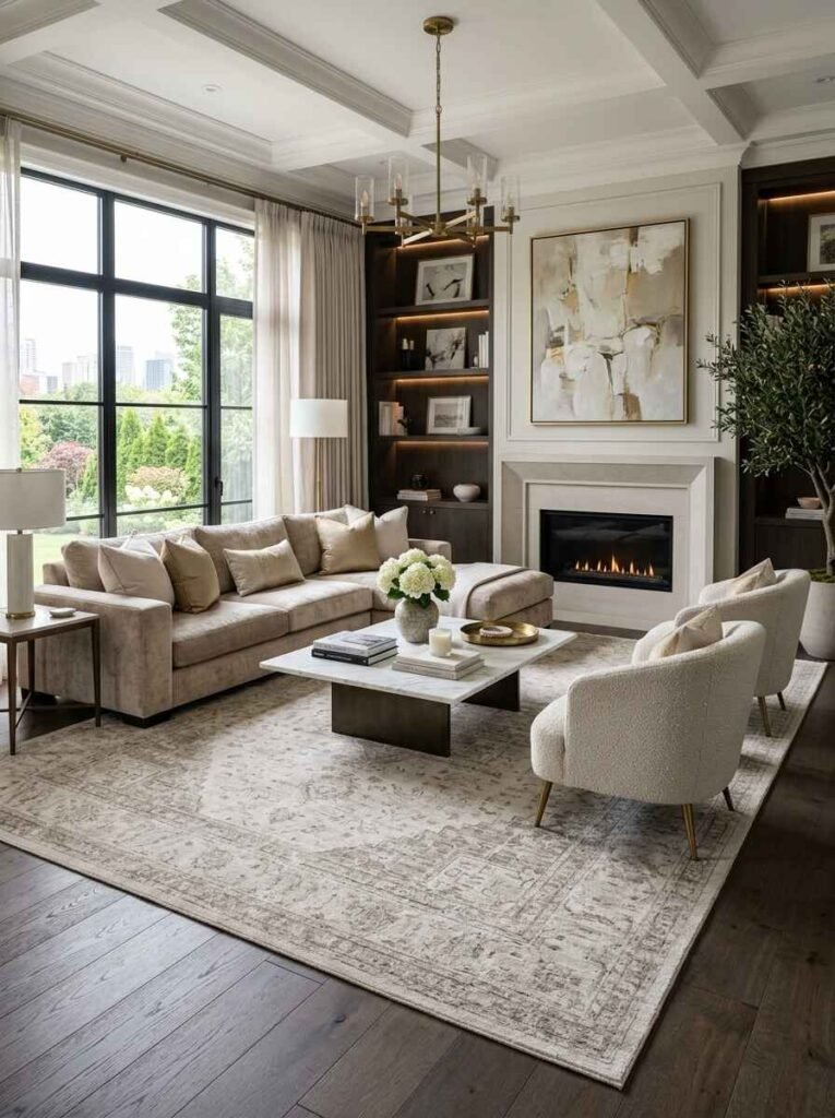 Warm luxury living room grounded by a large, neutral vintage-patterned area rug under a plush beige sofa and cream accent chairs