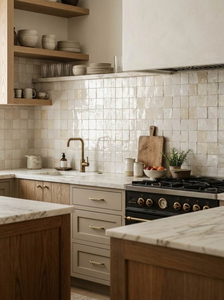 Cream glossy zellige square handmade ceramic tile backsplash catching natural light above a marble countertop and greige drawers.