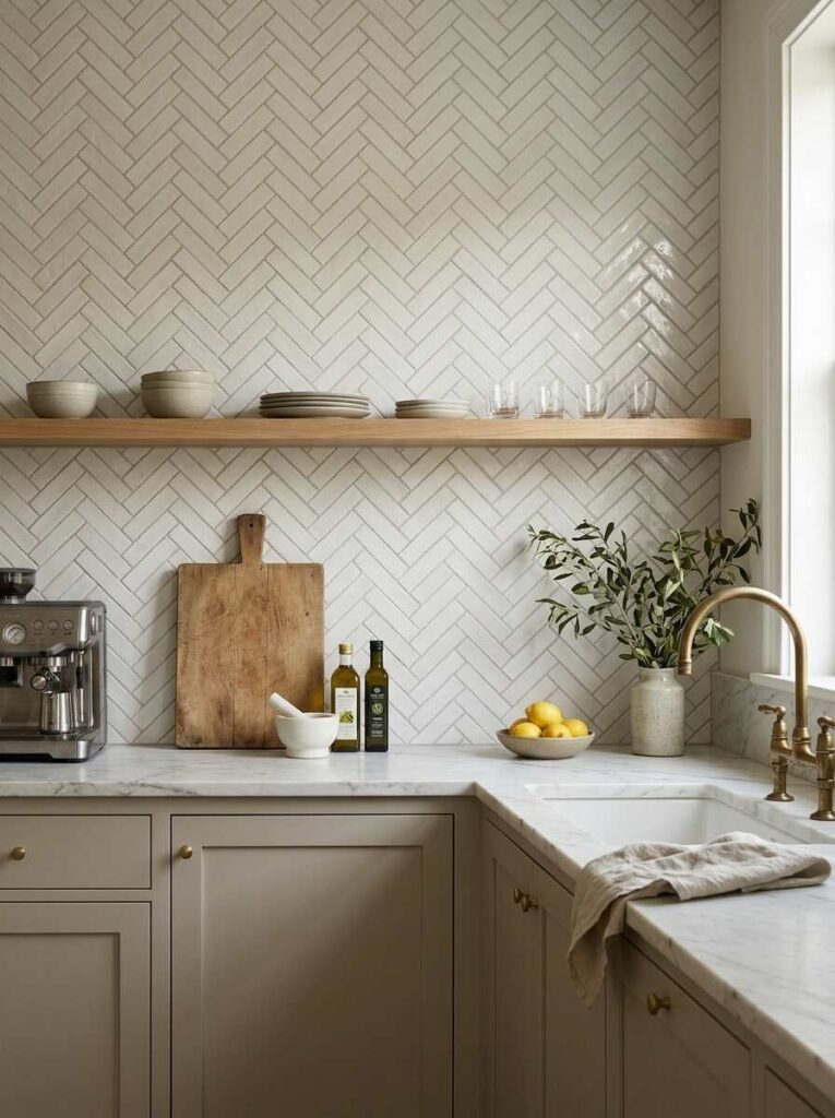 Off-white slim rectangular tiles set in a herringbone backsplash pattern behind floating wooden shelves and light greige cabinetry