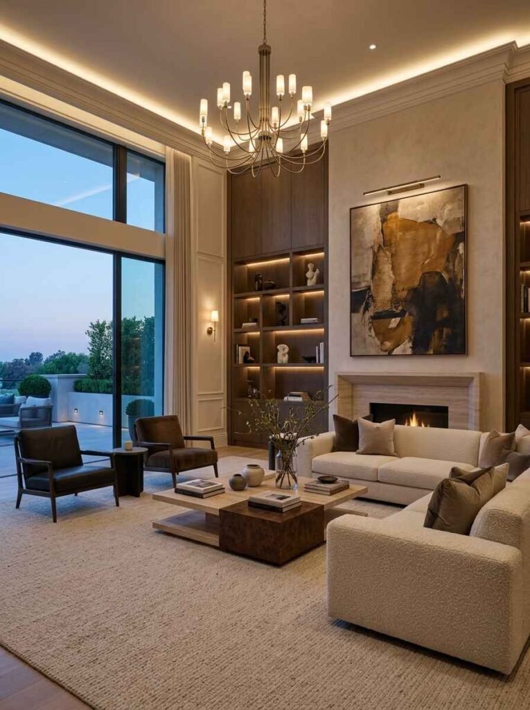 Slim brass picture light illuminating a large abstract painting above a stone fireplace.
