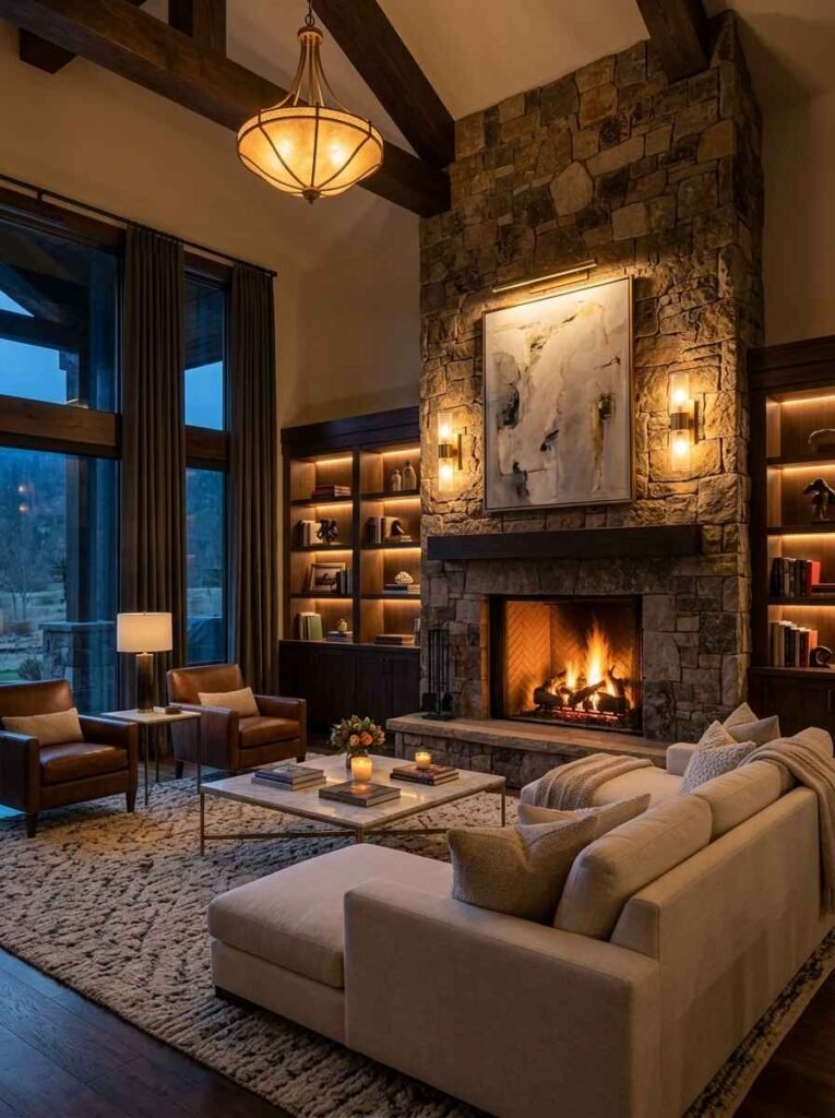 Rustic stone fireplace illuminated by warm wall sconces and integrated mantle accent lighting.