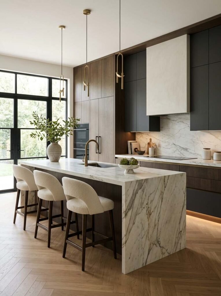 Seamless panel-ready integrated appliances built into dark charcoal and warm oak custom kitchen tall cabinetry.(luxury kitchen ideas)