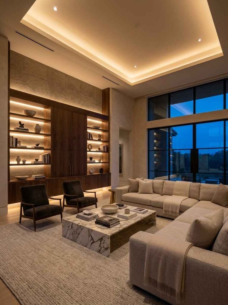 Warm integrated LED strip lighting highlighting custom dark wood bookshelves and architectural ceiling coves.