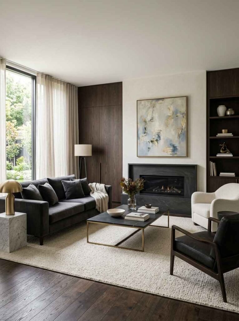 High-contrast luxury living room featuring a deep charcoal velvet sofa, dark wood paneling, and a black marble fireplace balanced by cream accent seating
