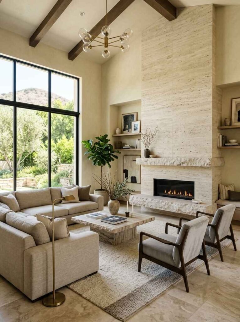 Double-height luxury living room with a floor-to-ceiling travertine stone fireplace surround and matching slab travertine coffee table