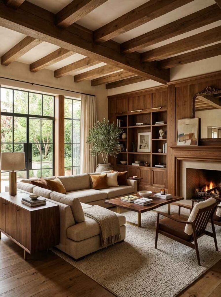 Warm luxury living room with exposed dark oak ceiling beams, integrated walnut wall paneling, built-in shelving, and a matching coffee table.