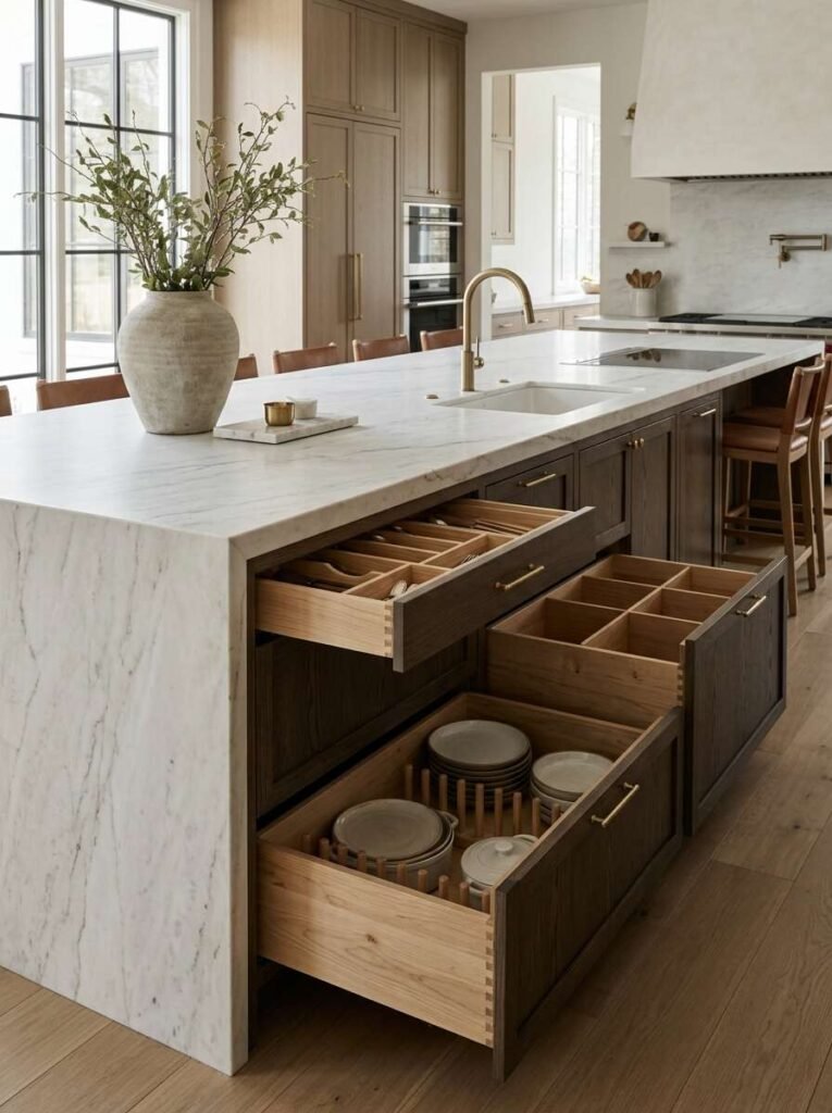 Open deep wooden drawers with custom peg organizers and utensil dividers built into a marble kitchen island.