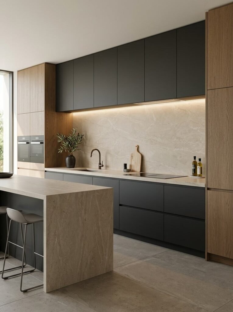 Large-format stone-look beige porcelain slab backsplash with subtle veining set behind dark charcoal flat-panel cabinetry and under-cabinet LED strip lighting.