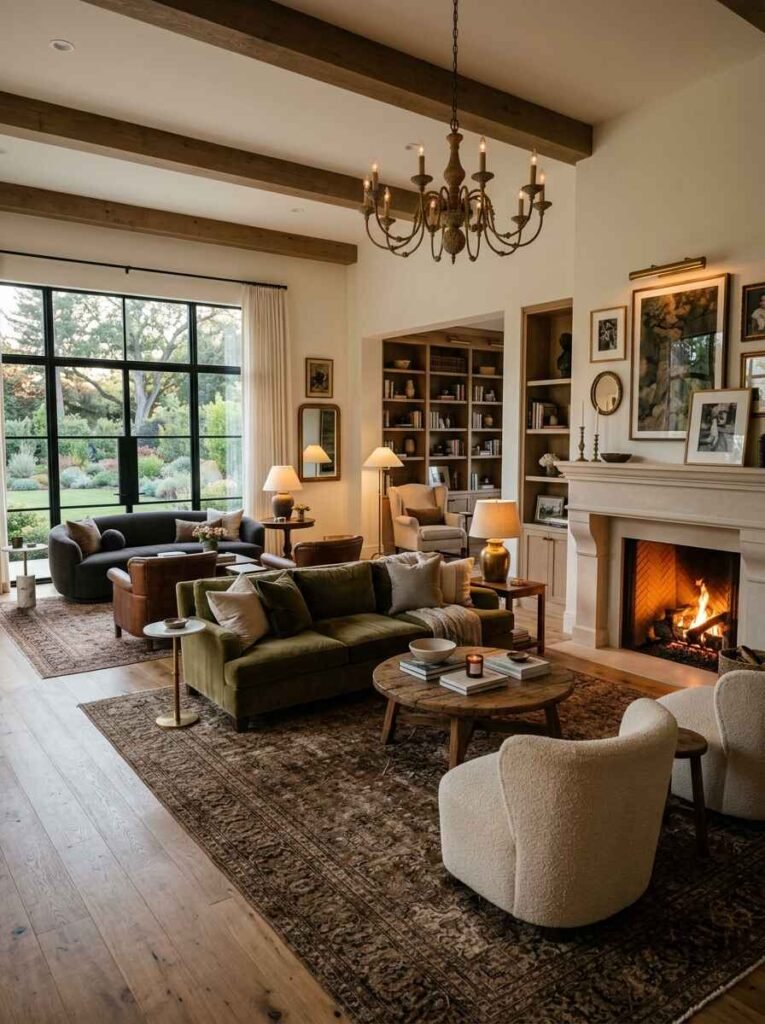 Spacious living room organized into two intimate seating zones with plush olive green velvet and bouclé armchairs arranged around separate area rugs