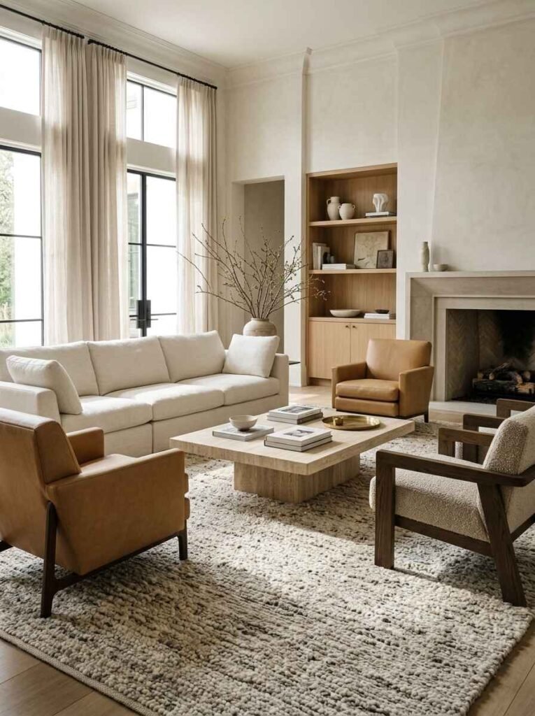 High-pile plush wool area rug connecting a cream sectional sofa, leather armchairs, and travertine coffee table. (Luxury Living Room Rug Ideas)
