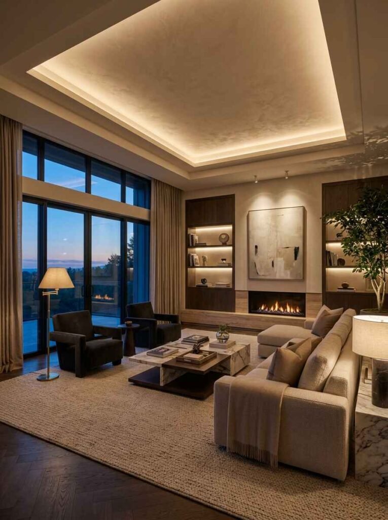 Layered luxury living room lighting combining recessed ceiling coves, task floor lamps, and shelf accent lighting.